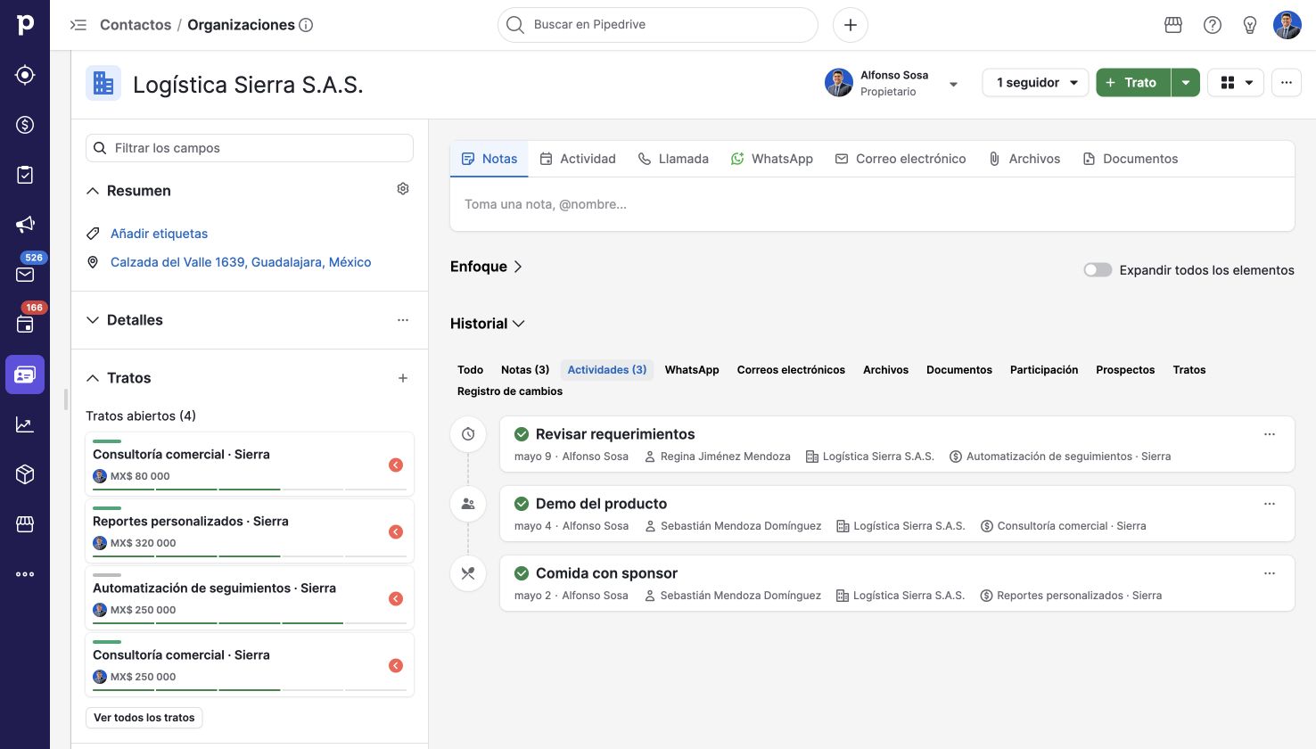 Historial de trabajo de la organización. Pipedrive en una cuenta de demostración.